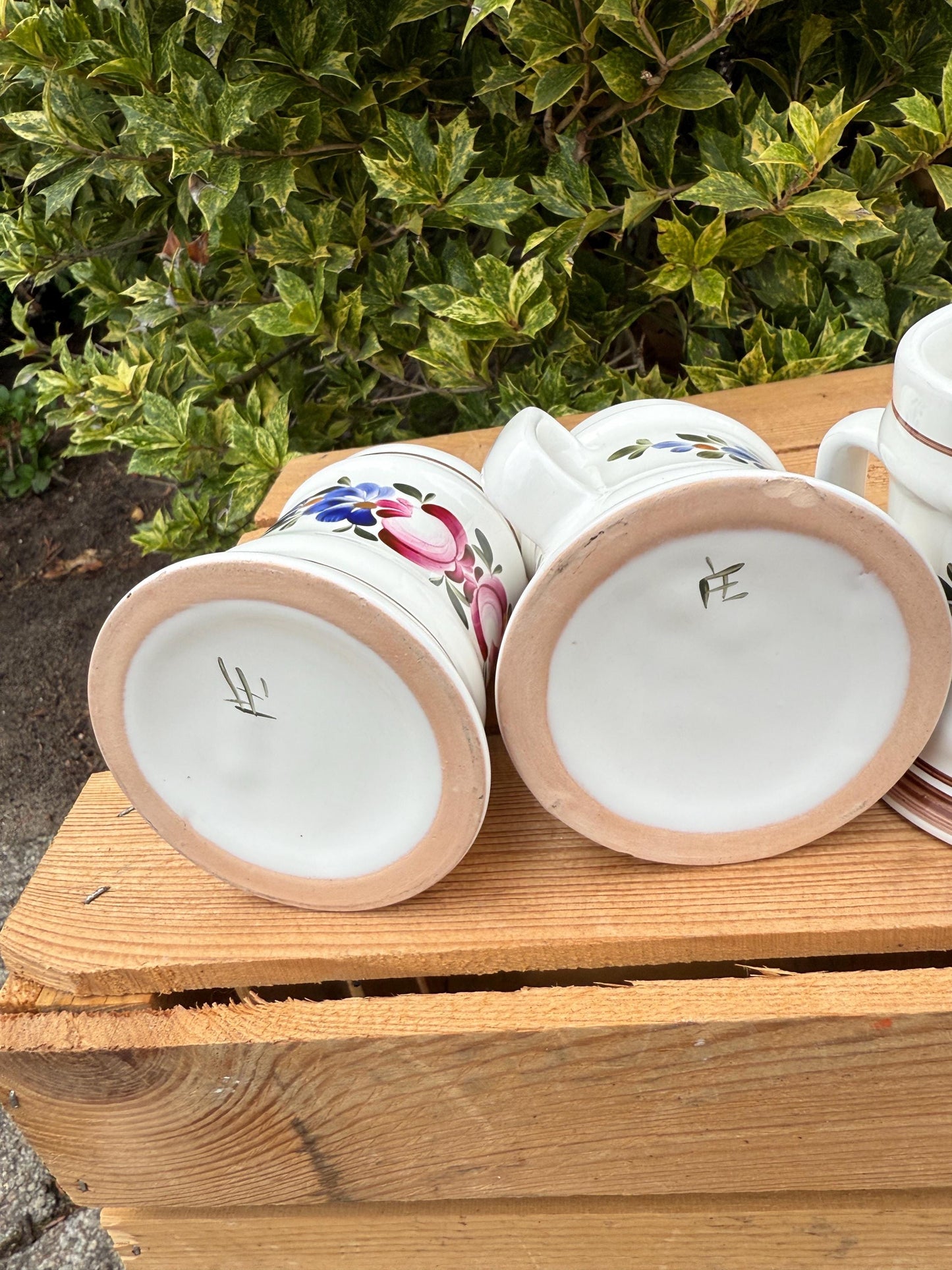 Set Of 5 Vintage German Beer Steins, Hand Painted Ceramic Tankards, Floral Pattern Mugs With Handles, Collectible Beer Mugs