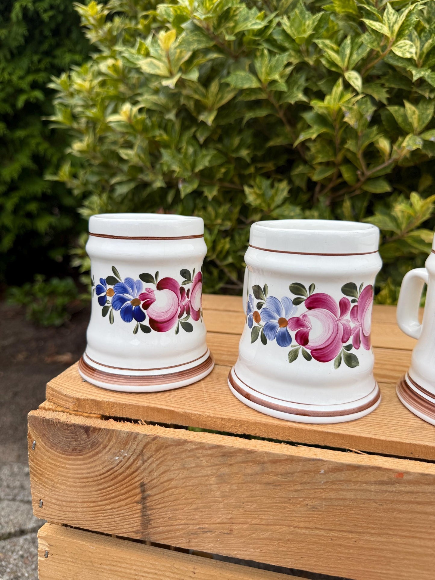 Set Of 5 Vintage German Beer Steins, Hand Painted Ceramic Tankards, Floral Pattern Mugs With Handles, Collectible Beer Mugs