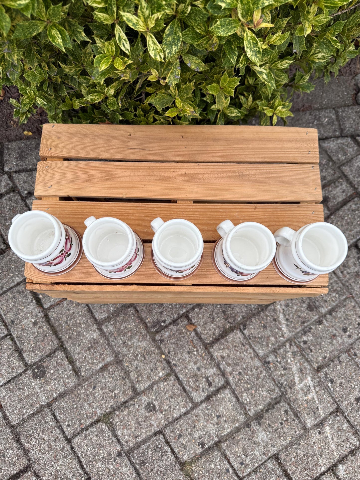 Set Of 5 Vintage German Beer Steins, Hand Painted Ceramic Tankards, Floral Pattern Mugs With Handles, Collectible Beer Mugs