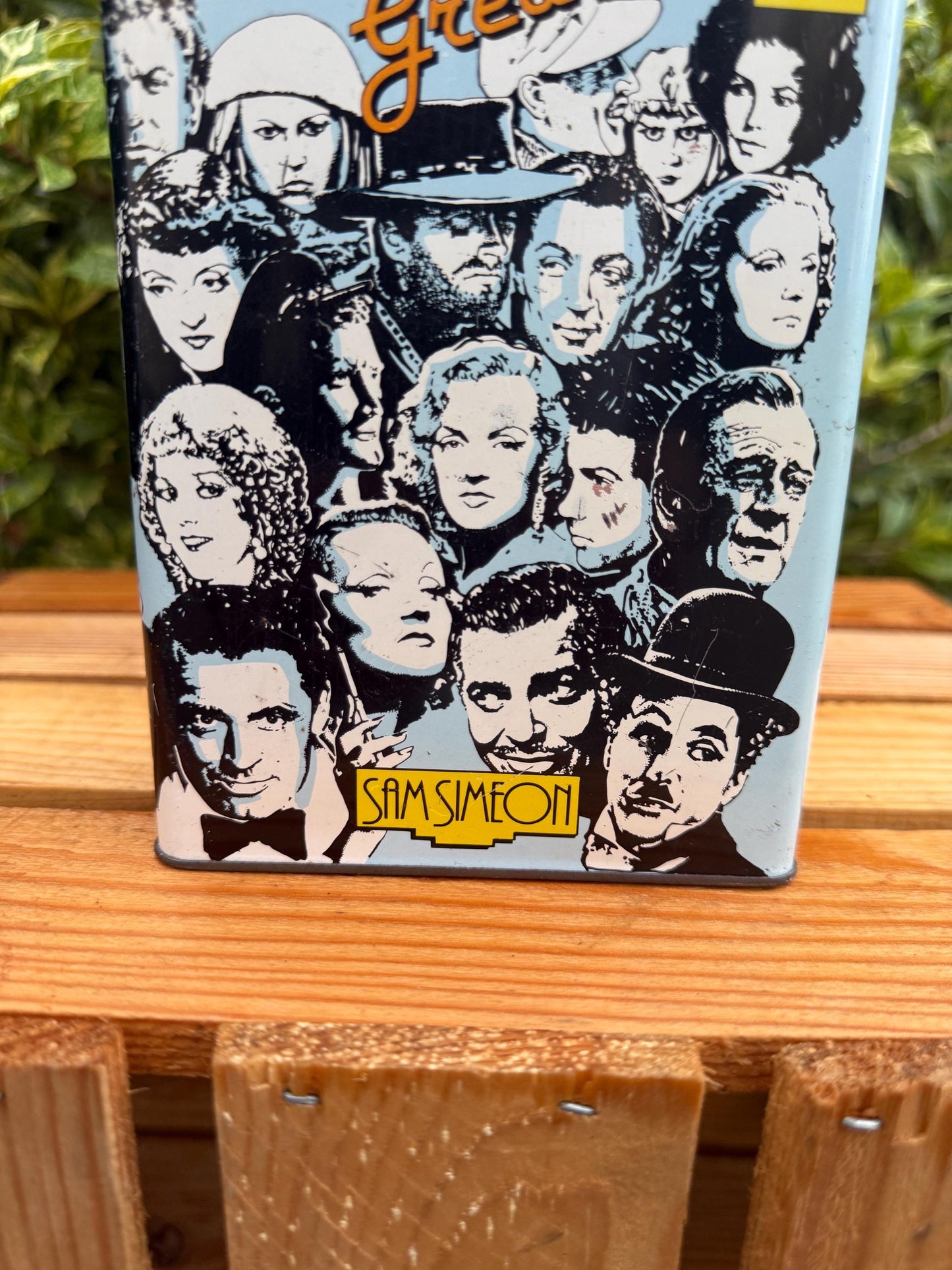 Vintage Hollywood Greats Tin, Sam Simeon Movie Stars Storage Box, Small Metal Collectible Container, Classic Film Memorabilia