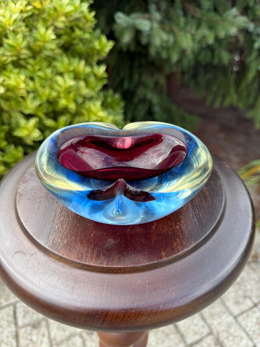 Vintage Murano Glass Ashtray, Italian Sommerso Bowl, Ruby Red And Blue Art Glass Dish, Mid Century Modern Home Decor Collectible