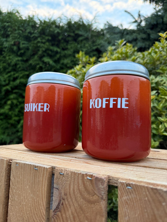 Vintage French Enamel Canister Set, Orange Kitchen Jars, Sucre Chicory Storage, Mid-Century Farmhouse Decor, Retro French Country Kitchen