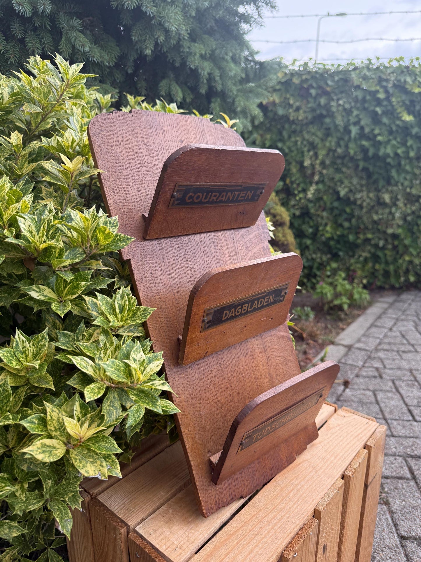 Vintage Wooden Wall Magazine Rack, Triple Compartment Lecture Holder, Amsterdamse School Style Newspaper Organizer, Dutch Design 1920s