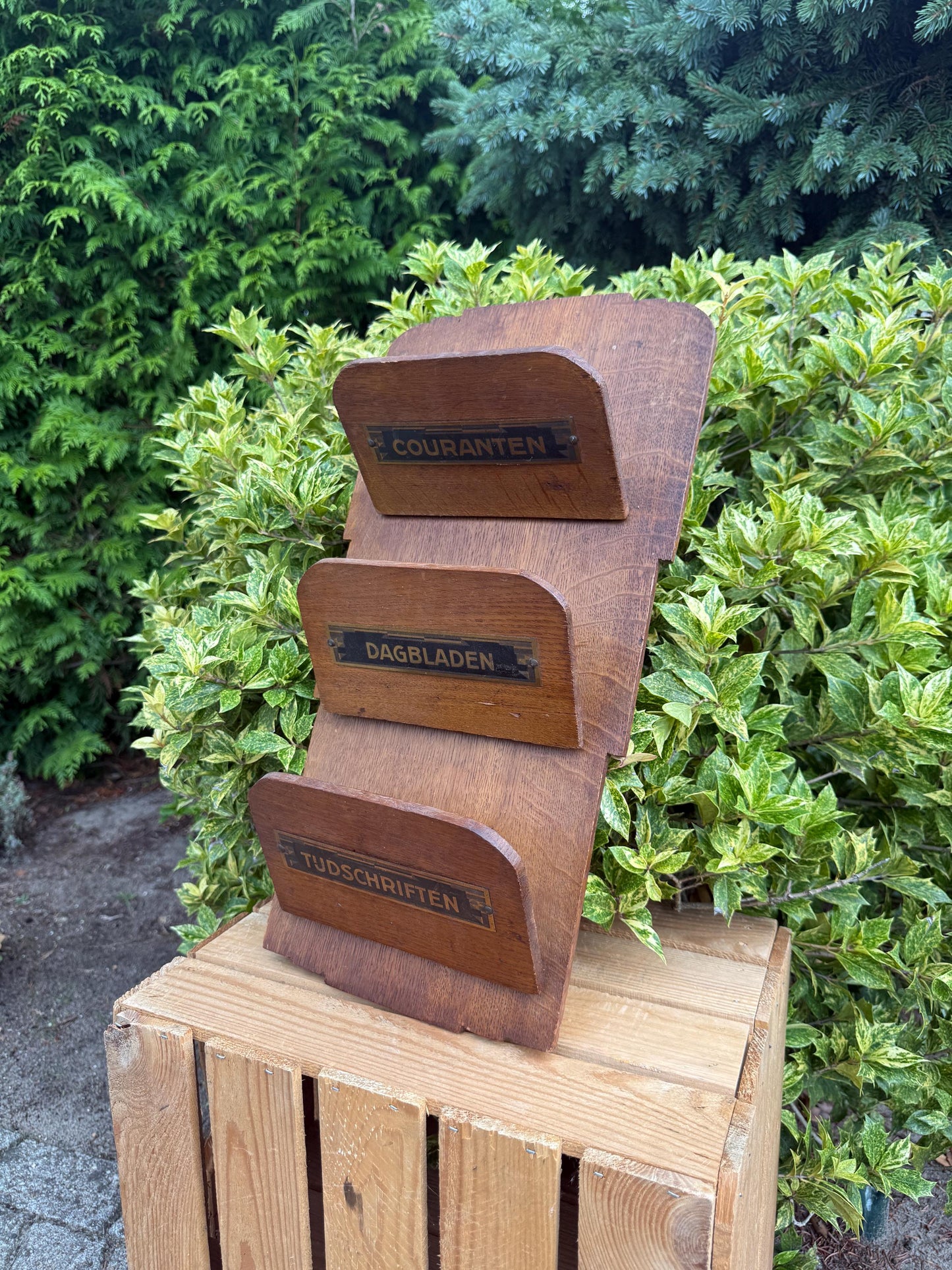 Vintage Wooden Wall Magazine Rack, Triple Compartment Lecture Holder, Amsterdamse School Style Newspaper Organizer, Dutch Design 1920s