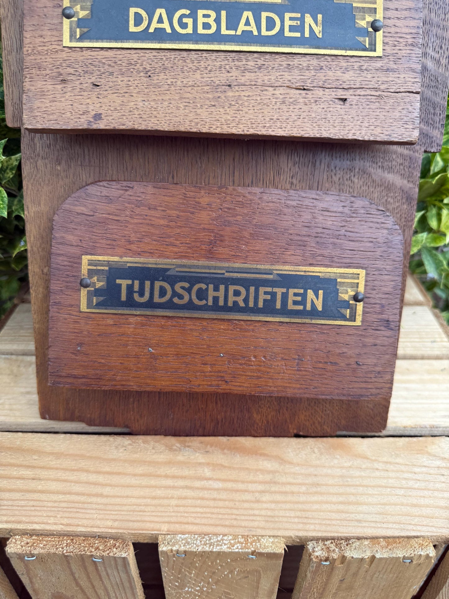 Vintage Wooden Wall Magazine Rack, Triple Compartment Lecture Holder, Amsterdamse School Style Newspaper Organizer, Dutch Design 1920s