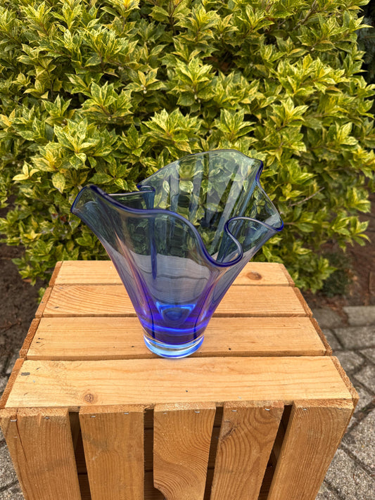 Vintage Blue Murano Style Handkerchief Vase, Wavy Art Glass Centerpiece, Cobalt Blue Freeform Vase, Mid Century Style Decor, Small Chip