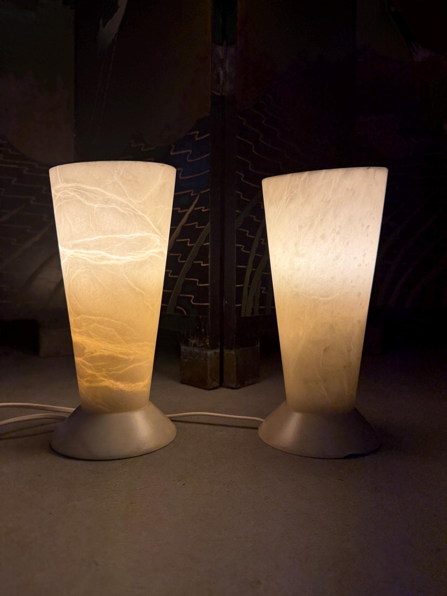 Vintage Belgian Marble Stone Lamp Set, Heavy Solid Pair, Mid Century Modern Lighting, White Stone Lamps with Imperfections