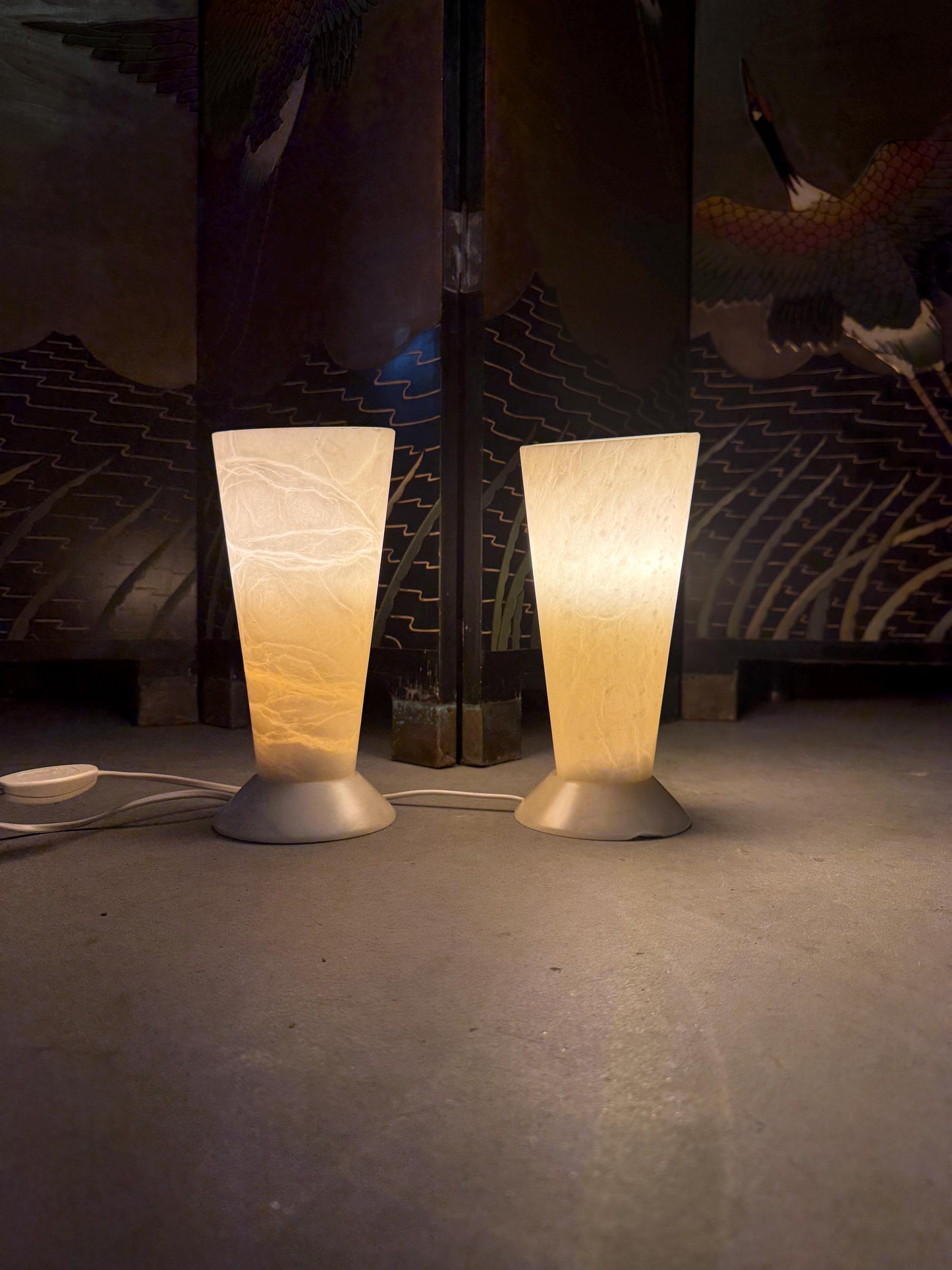 Vintage Belgian Marble Stone Lamp Set, Heavy Solid Pair, Mid Century Modern Lighting, White Stone Lamps with Imperfections