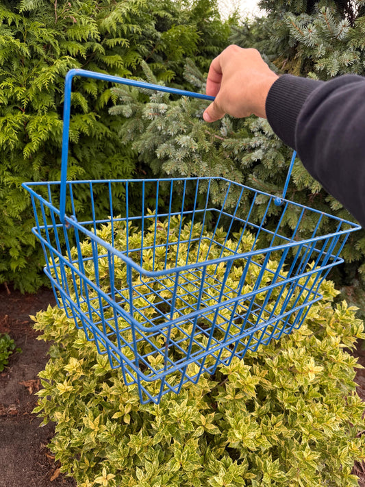 Vintage Blue Metal Wire Shopping Basket, Industrial Grocery Carry Basket, Retro Wire Storage Bin, Mid Century Market Basket