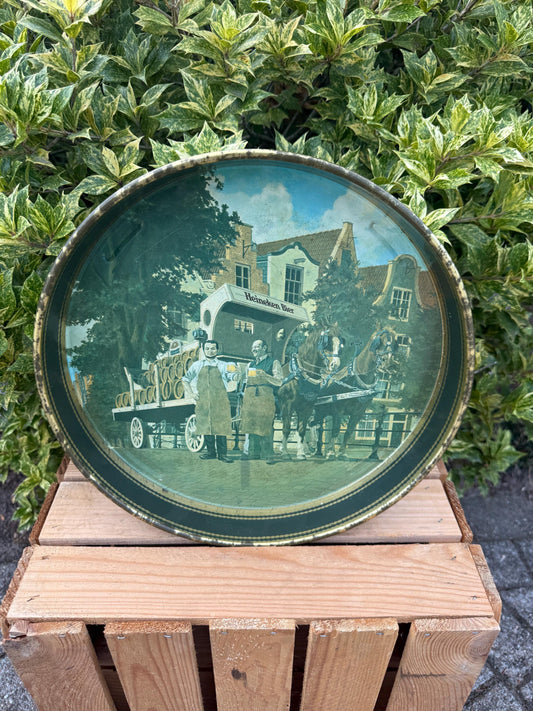 Vintage Heineken Metal Serving Tray, Round Beer Tray with Horse-Drawn Barrel Carriage, Breweriana Barware, Collectible Beer Memorabilia