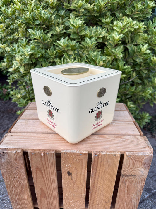 Vintage Glenlivet Ice Bucket, Whisky Barware, 1980s Cream Plastic Cooler with Medallion Logo, Scotch Advertising Collectible