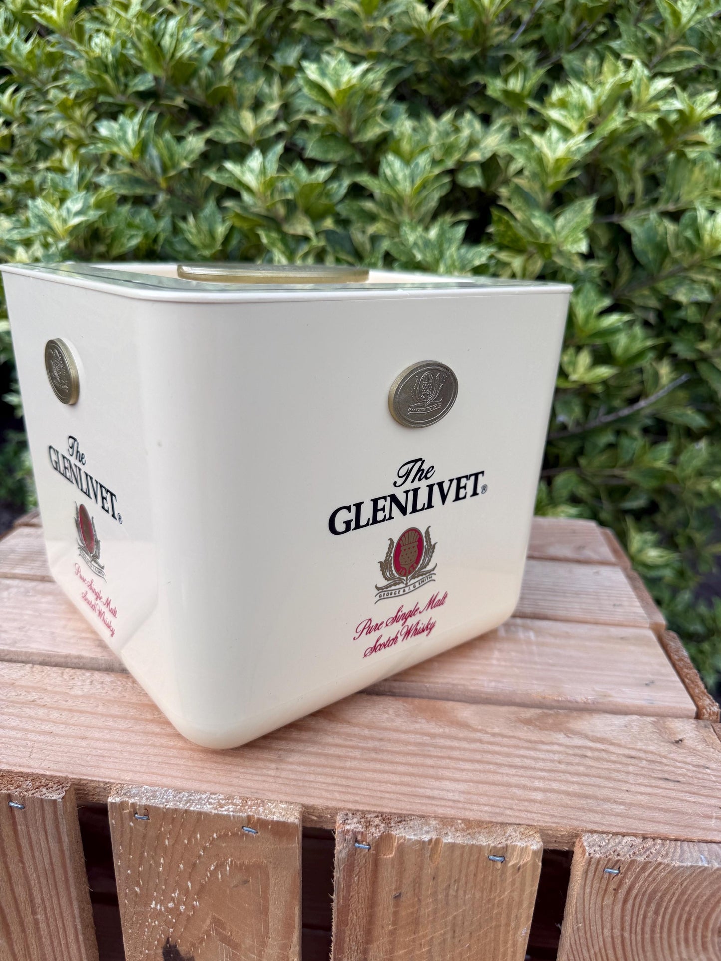 Vintage Glenlivet Ice Bucket, Whisky Barware, 1980s Cream Plastic Cooler with Medallion Logo, Scotch Advertising Collectible