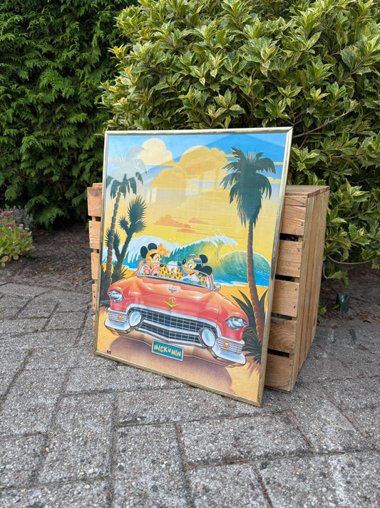 Vintage Disney Mickey & Minnie Mouse Poster, Framed Cadillac Car Art Print, 1980s Wall Decor, Pop Art Collectible, Printed in USA