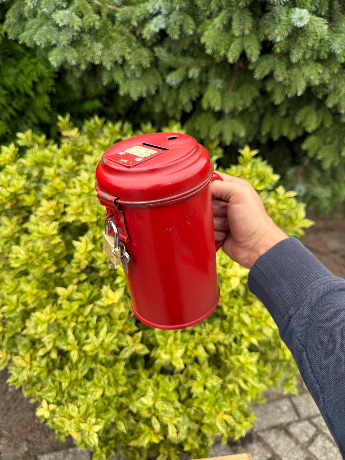 Vintage Metal Donation Box, Charity Collection Tin With Handle, Lock And Key, Dutch Fundraising Canister, 1960s Good Cause Container
