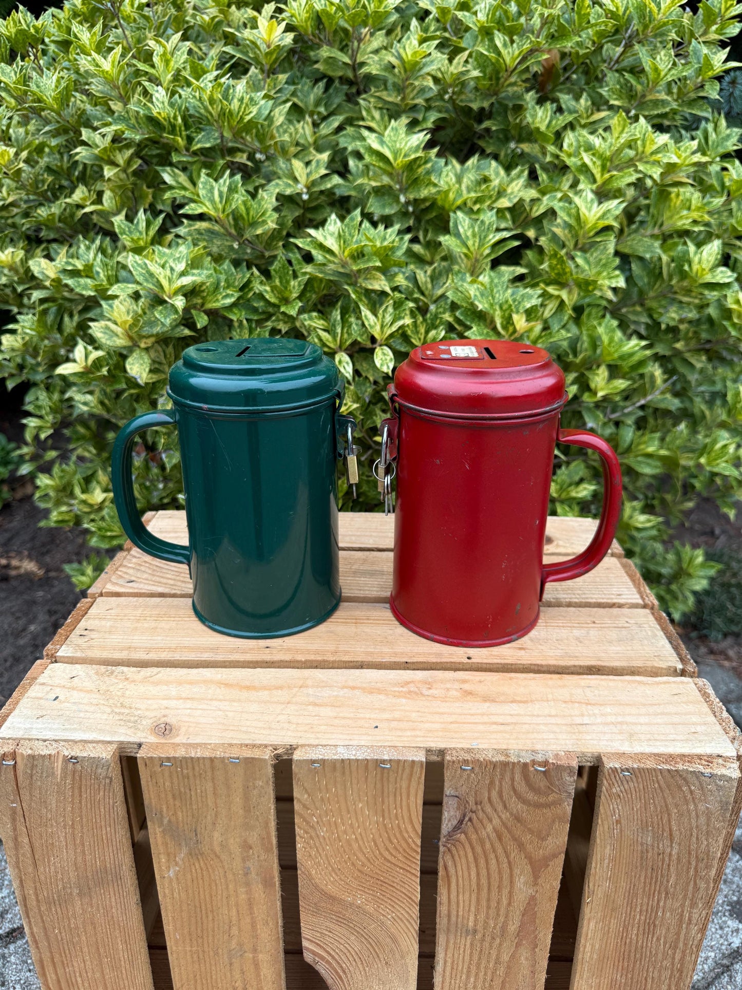 Vintage Metal Donation Box, Charity Collection Tin With Handle, Lock And Key, Dutch Fundraising Canister, 1960s Good Cause Container