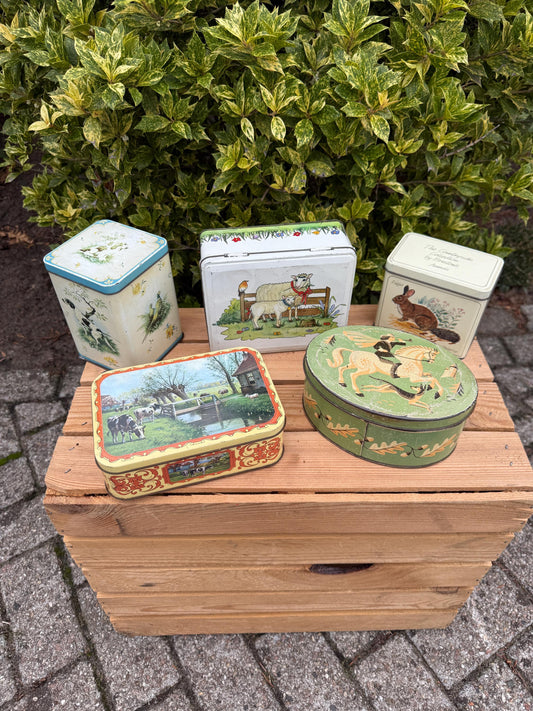 Vintage Tin Box Collection, Metal Storage Tins With Animal And Farm Illustrations, Decorative Kitchen Containers, Dutch Collectible Tins