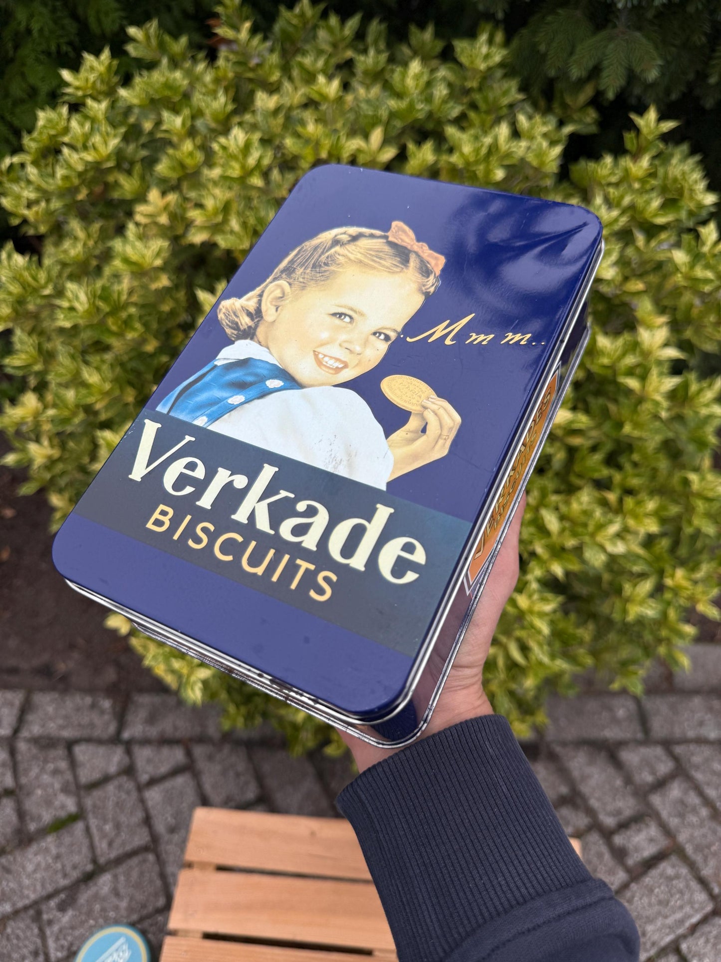 Vintage Verkade Biscuit Tins, Dutch Advertising Storage Boxes, Blue Metal Containers With Girl Illustration, Collectible Verkade Holland Tin