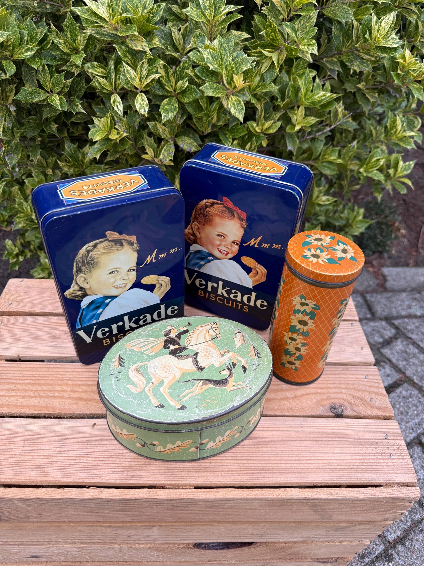 Vintage Verkade Biscuit Tins, Dutch Advertising Storage Boxes, Blue Metal Containers With Girl Illustration, Collectible Verkade Holland Tin