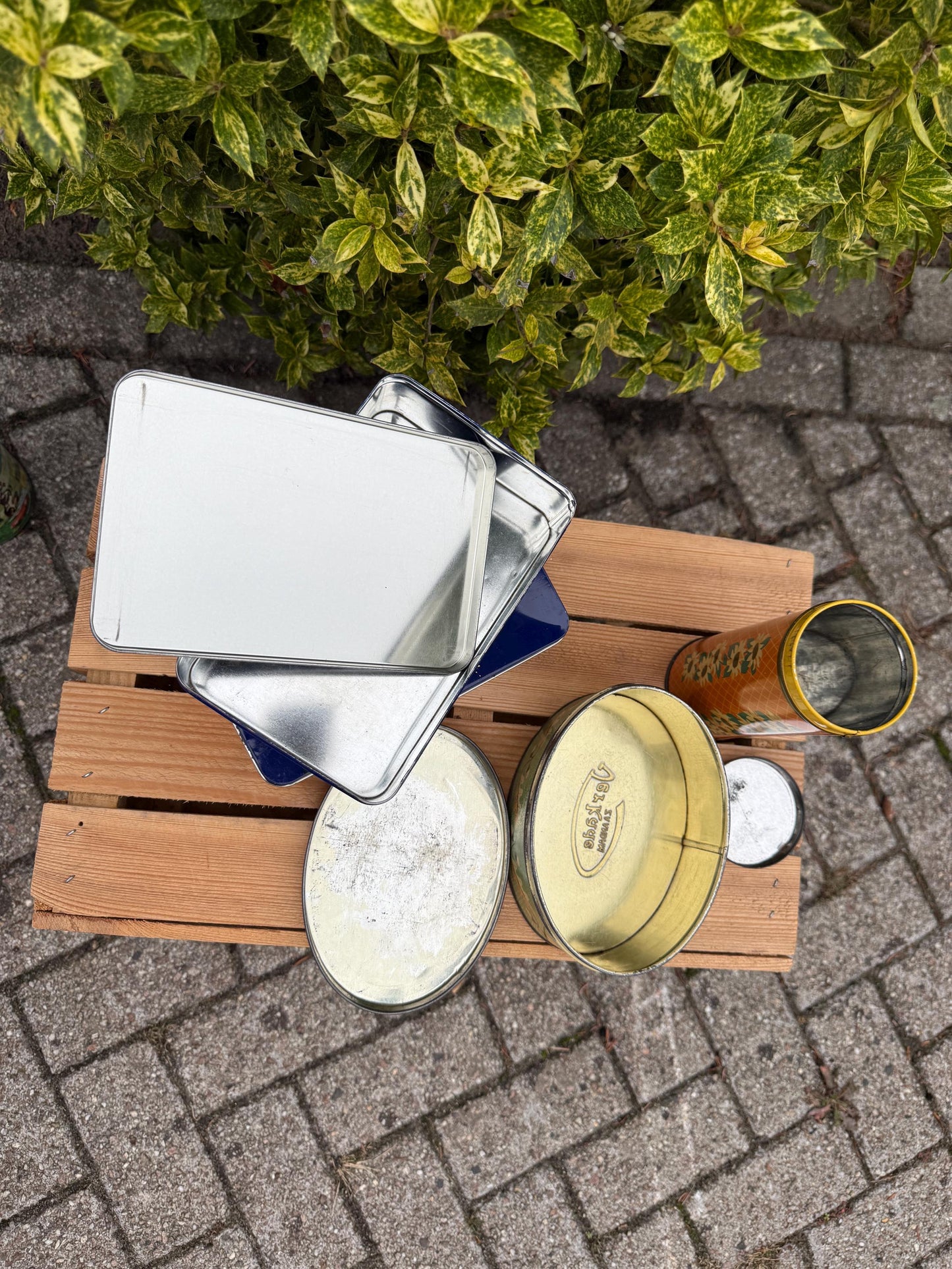 Vintage Verkade Biscuit Tins, Dutch Advertising Storage Boxes, Blue Metal Containers With Girl Illustration, Collectible Verkade Holland Tin