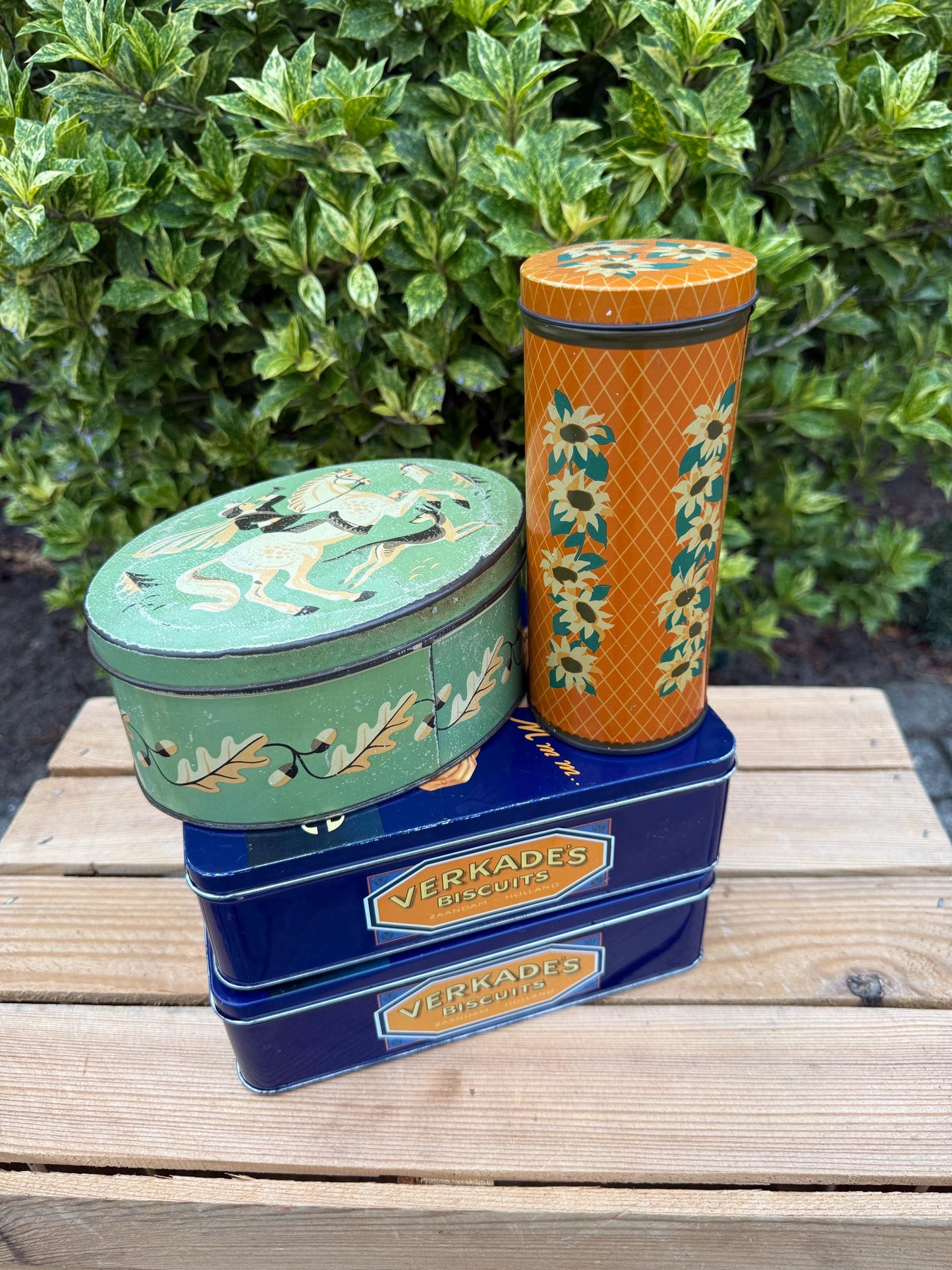Vintage Verkade Biscuit Tins, Dutch Advertising Storage Boxes, Blue Metal Containers With Girl Illustration, Collectible Verkade Holland Tin