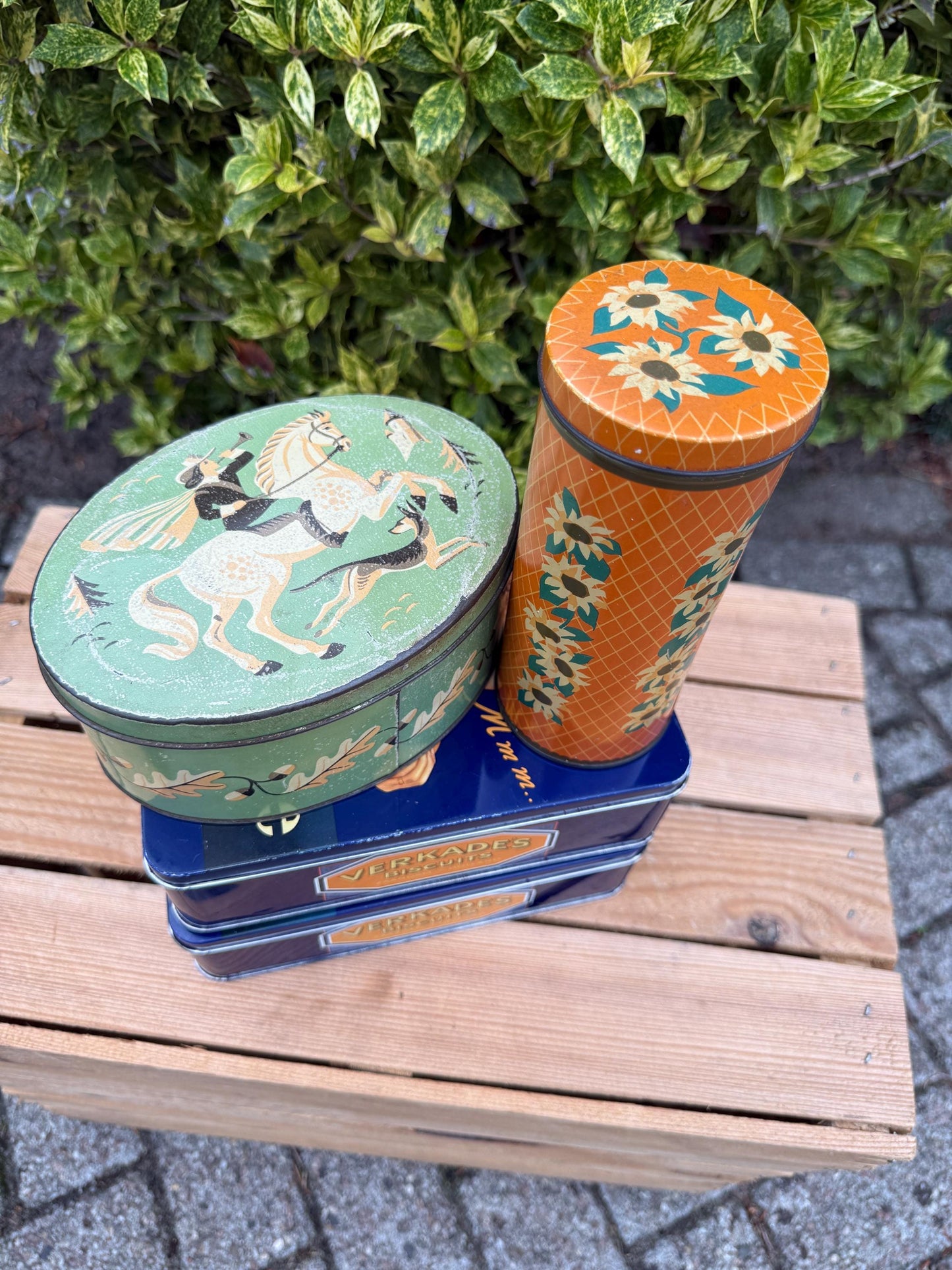 Vintage Verkade Biscuit Tins, Dutch Advertising Storage Boxes, Blue Metal Containers With Girl Illustration, Collectible Verkade Holland Tin