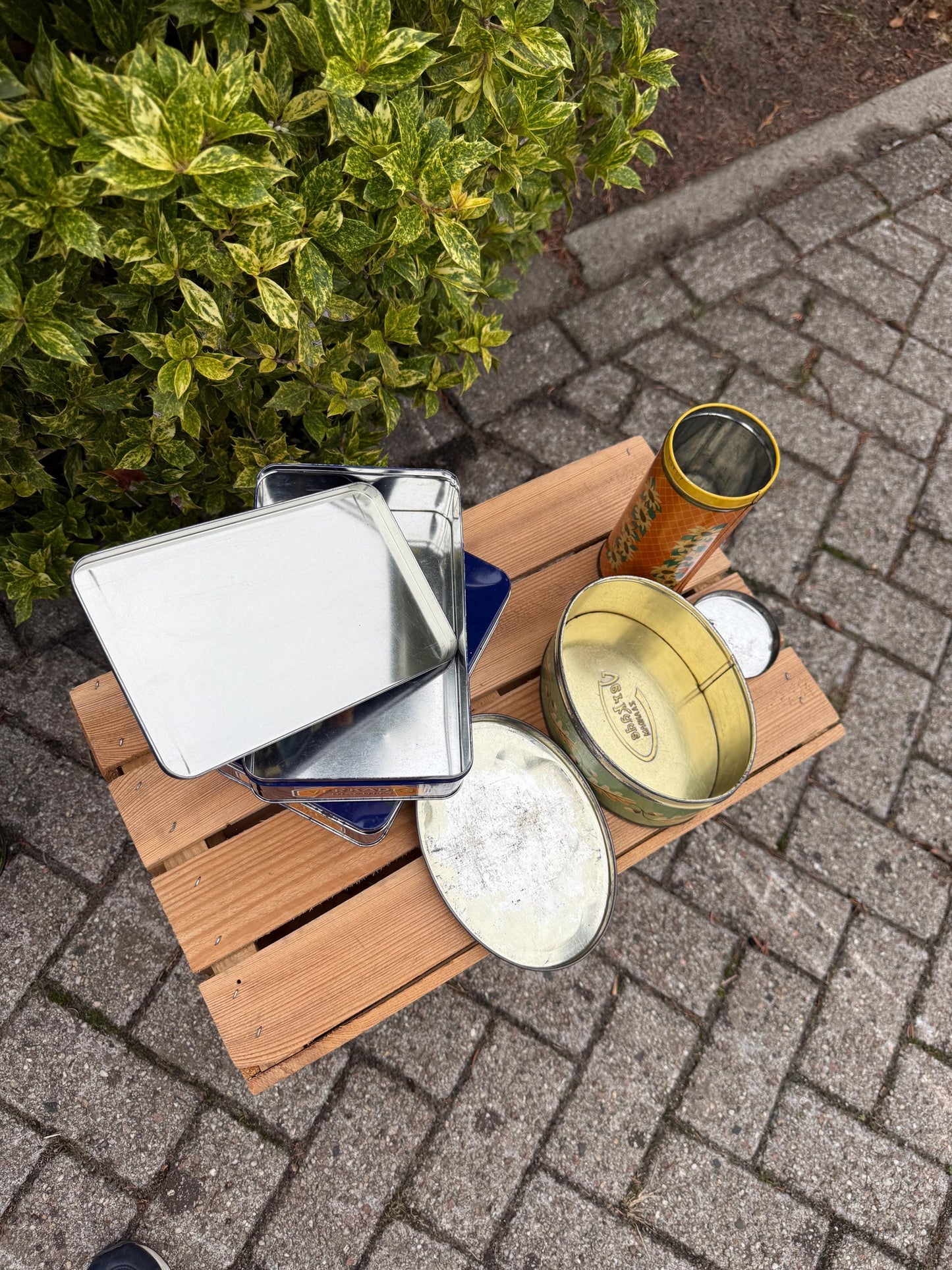 Vintage Verkade Biscuit Tins, Dutch Advertising Storage Boxes, Blue Metal Containers With Girl Illustration, Collectible Verkade Holland Tin