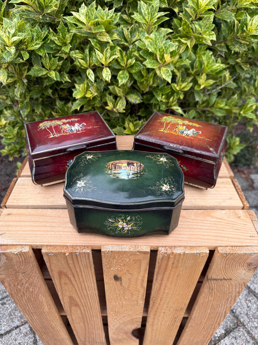 Vintage Pickwick Tea Tins, Decorative Metal Storage Boxes, Hand Painted Style Floral And Coach Scene, Collectible English Tea Containers