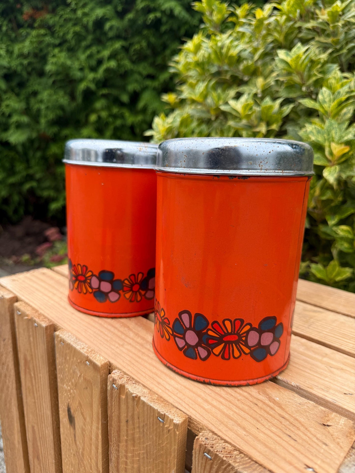 Vintage Brabantia Canisters, Set Of 2 Orange Metal Storage Tins, Flower Print Kitchen Containers, 1970s Dutch Design Steel Jars