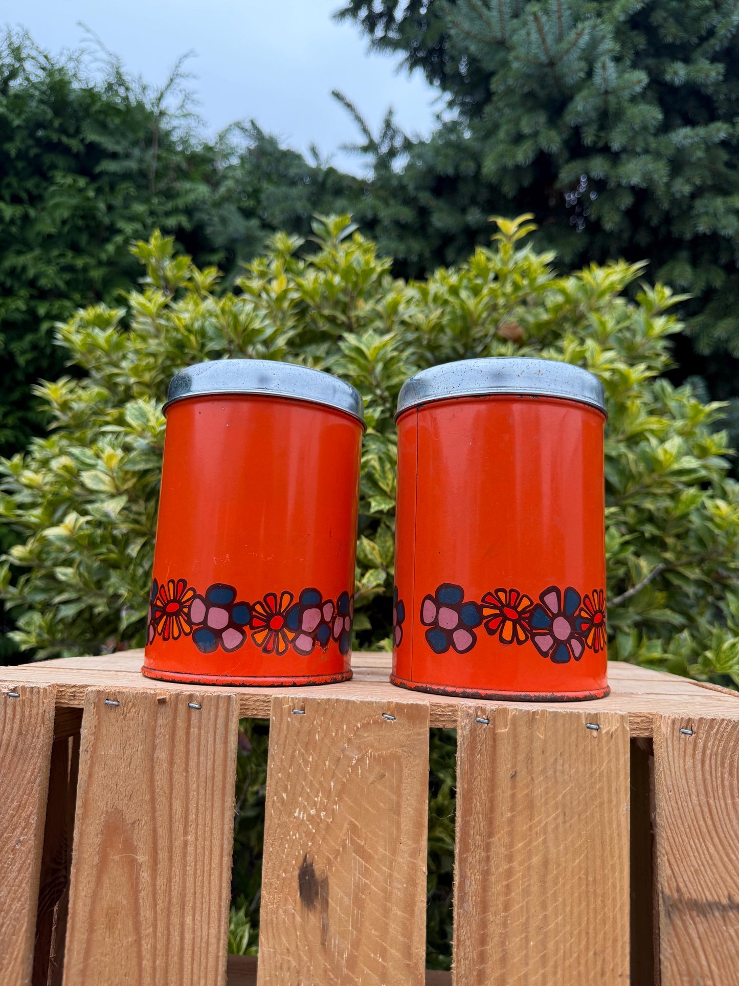 Vintage Brabantia Canisters, Set Of 2 Orange Metal Storage Tins, Flower Print Kitchen Containers, 1970s Dutch Design Steel Jars