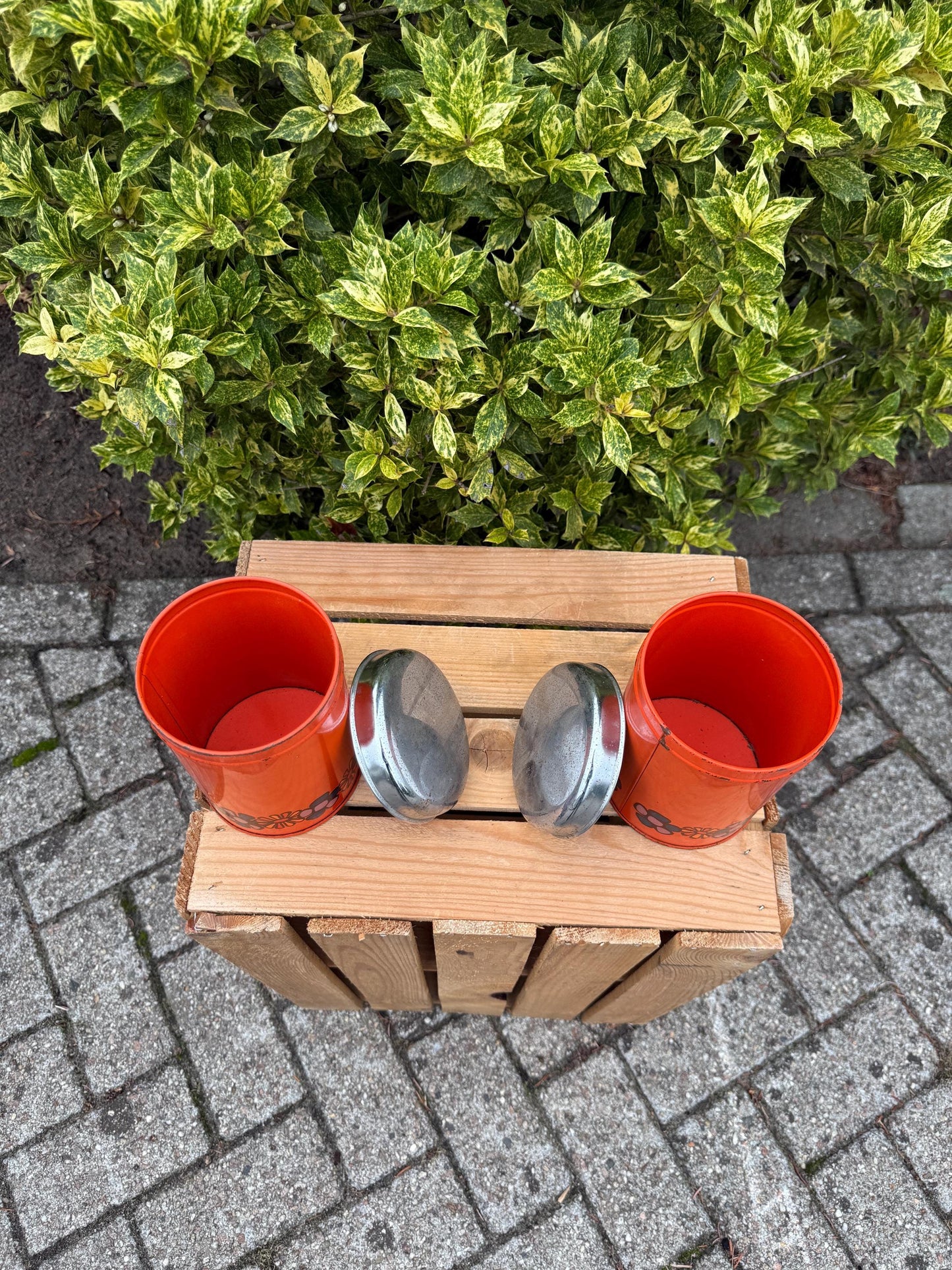 Vintage Brabantia Canisters, Set Of 2 Orange Metal Storage Tins, Flower Print Kitchen Containers, 1970s Dutch Design Steel Jars