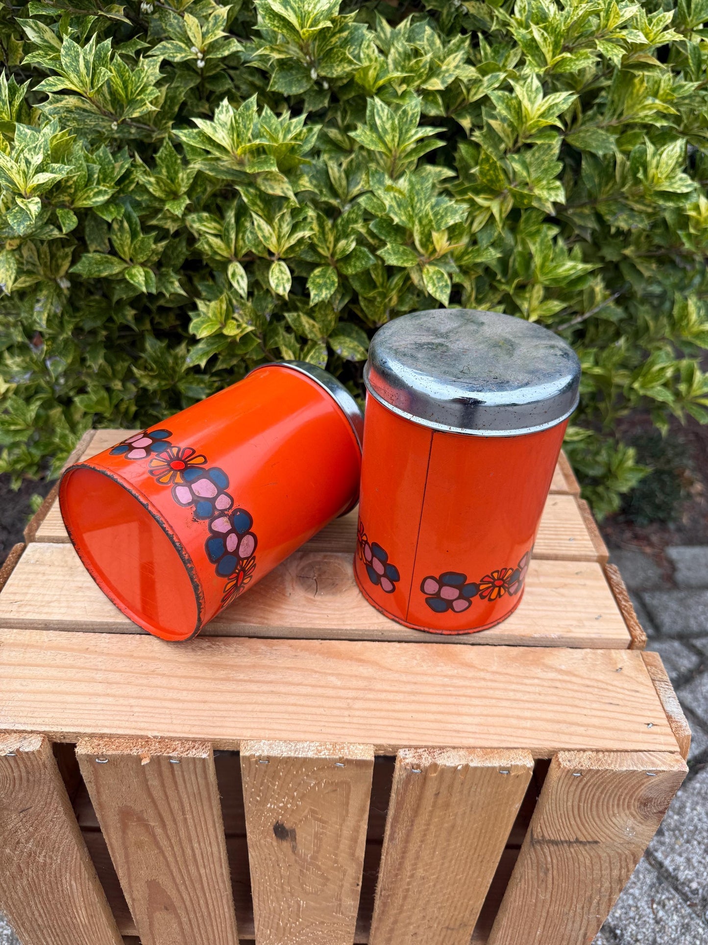 Vintage Brabantia Canisters, Set Of 2 Orange Metal Storage Tins, Flower Print Kitchen Containers, 1970s Dutch Design Steel Jars