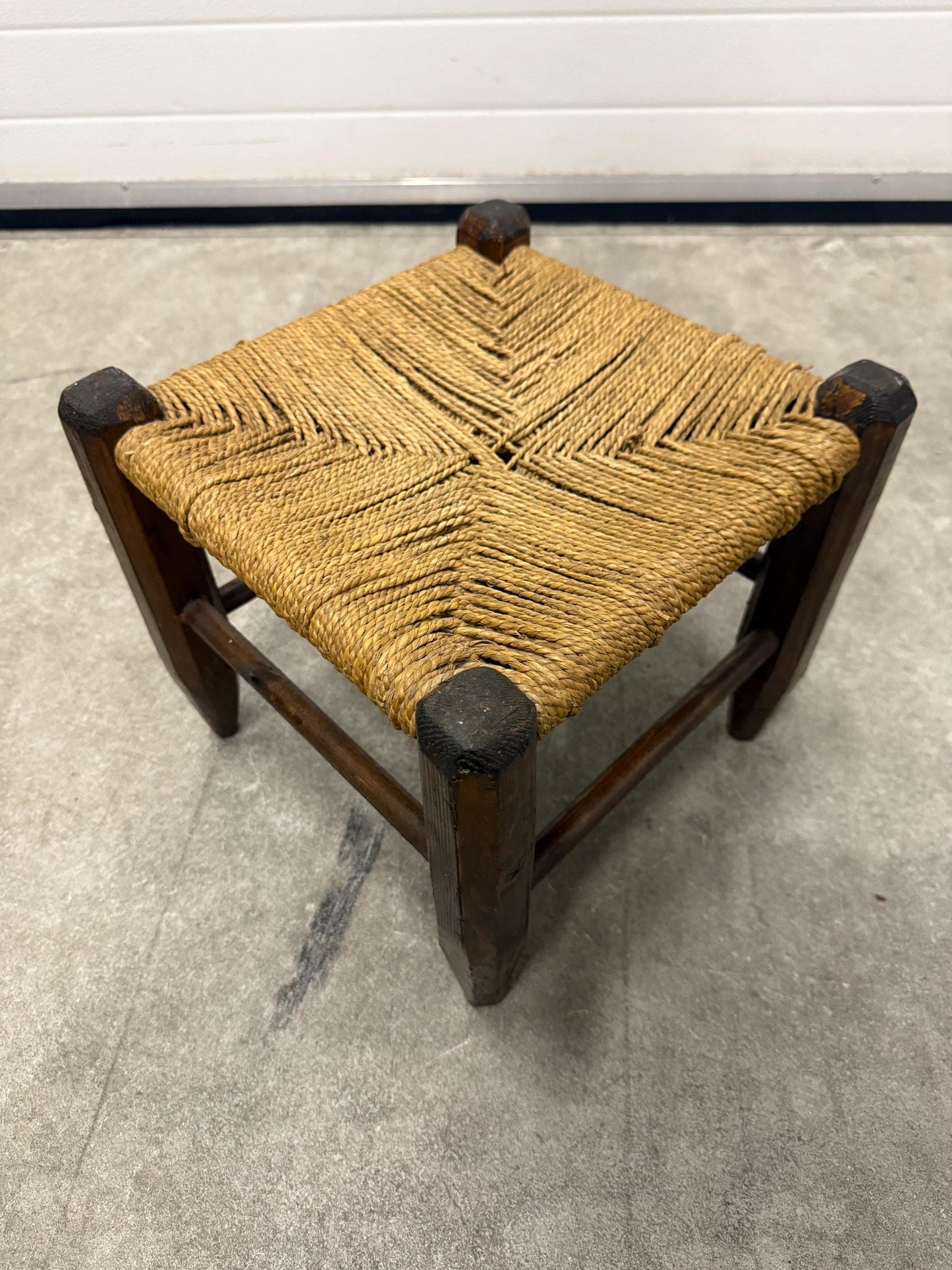 Vintage wooden stool, woven rush seat, rustic farmhouse stool, square footstool, small side stool, primitive wooden furniture