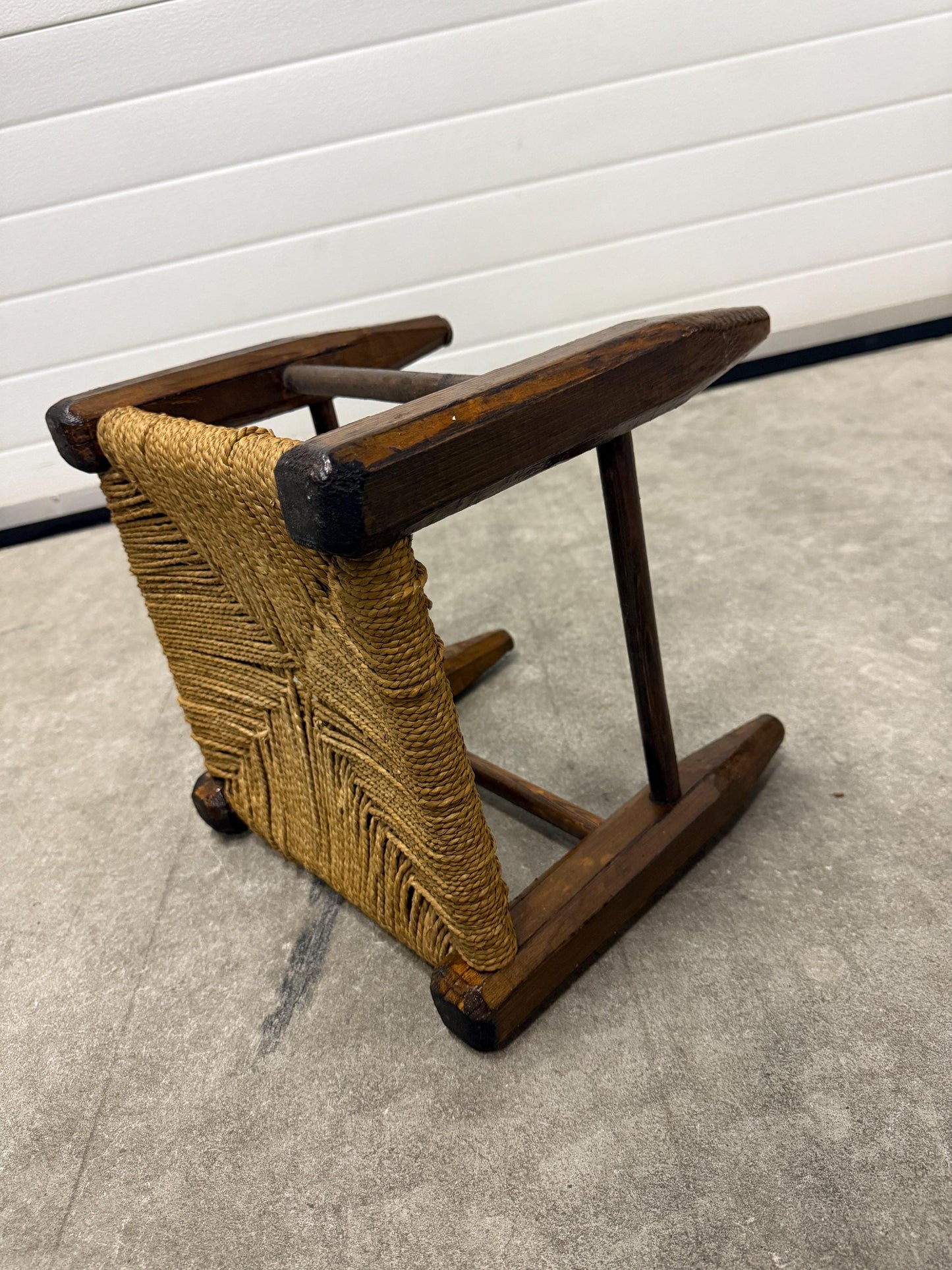 Vintage wooden stool, woven rush seat, rustic farmhouse stool, square footstool, small side stool, primitive wooden furniture