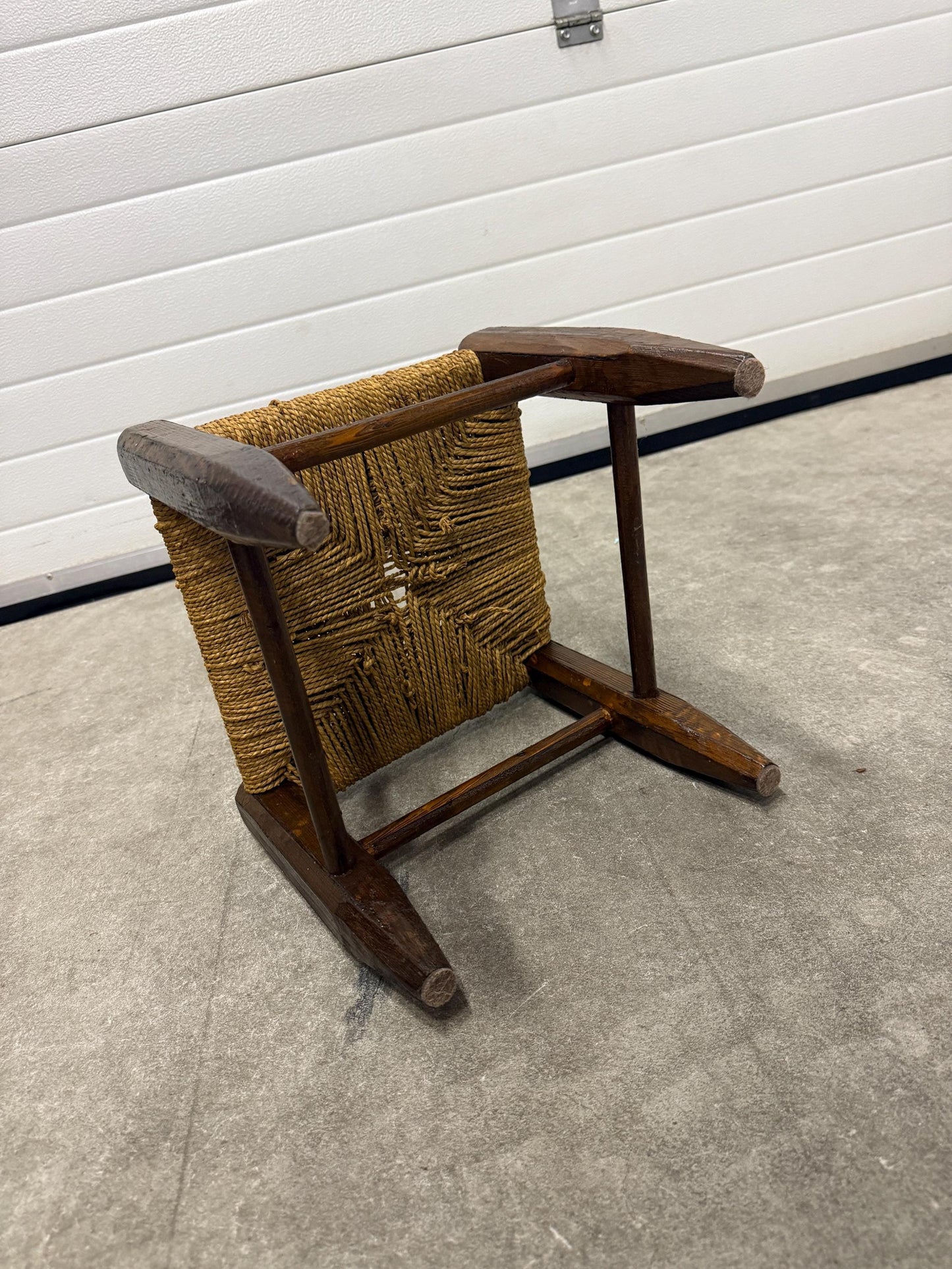 Vintage wooden stool, woven rush seat, rustic farmhouse stool, square footstool, small side stool, primitive wooden furniture