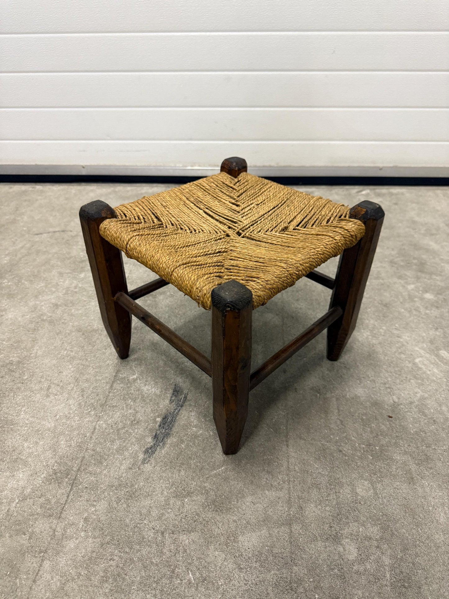 Vintage wooden stool, woven rush seat, rustic farmhouse stool, square footstool, small side stool, primitive wooden furniture