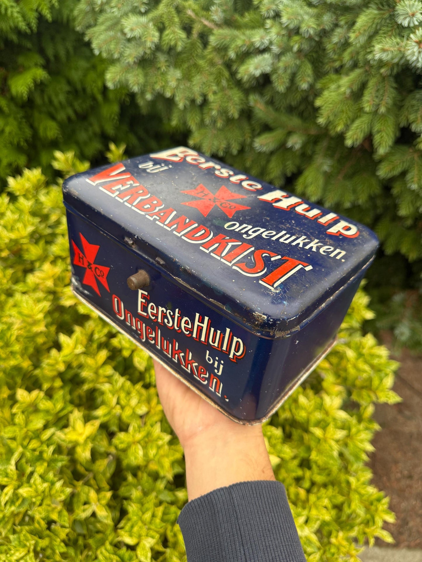 Vintage Dutch First Aid Tin, H&Co Verbandkist, Blue Metal Emergency Box, Eerste Hulp bij Ongelukken Collectible Storage Tin