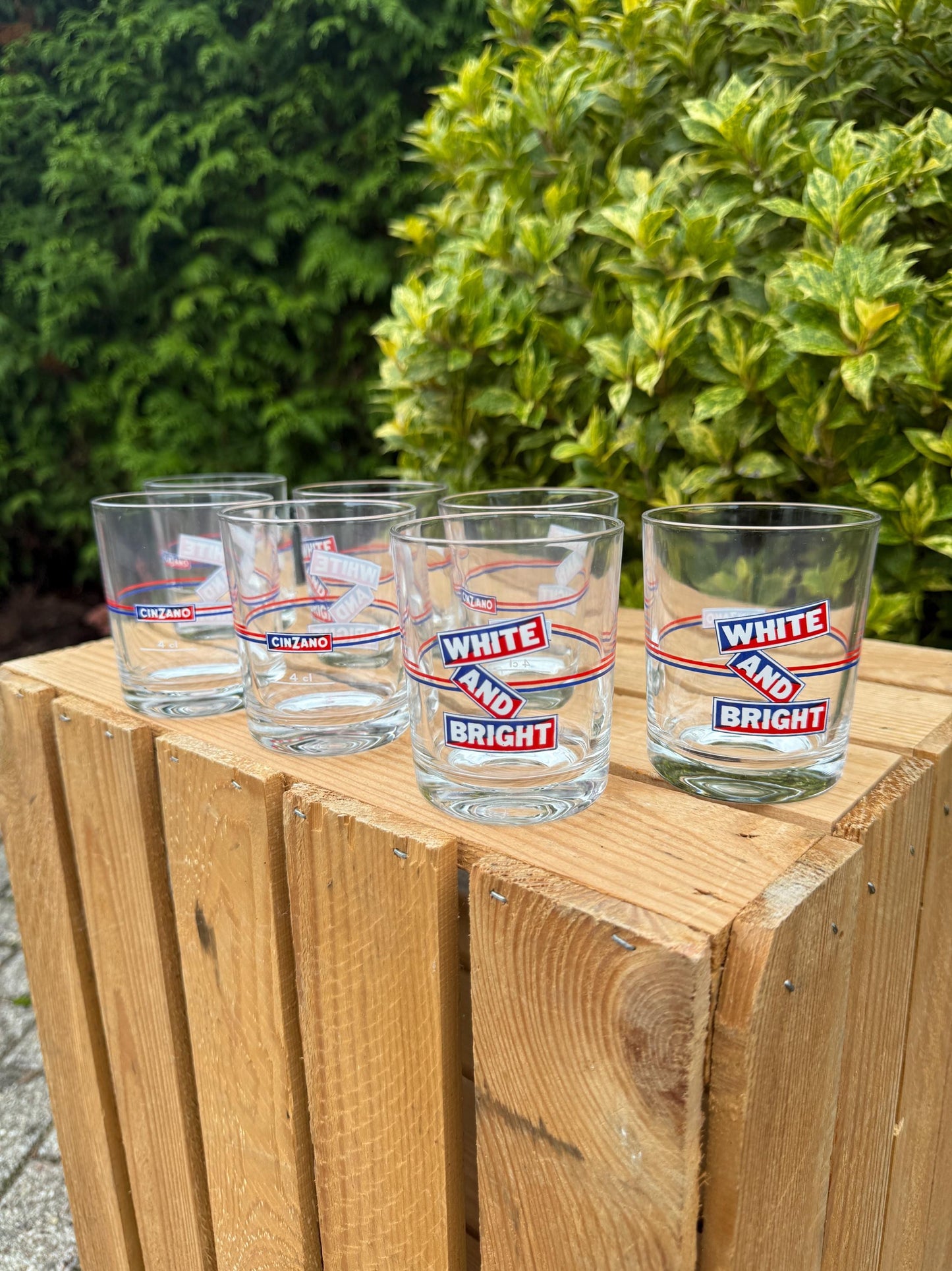 Vintage Cinzano White and Bright Glasses Set of 7, 6 + 1 Free, Italian Advertising Bar Glasses, 1970s Drinkware