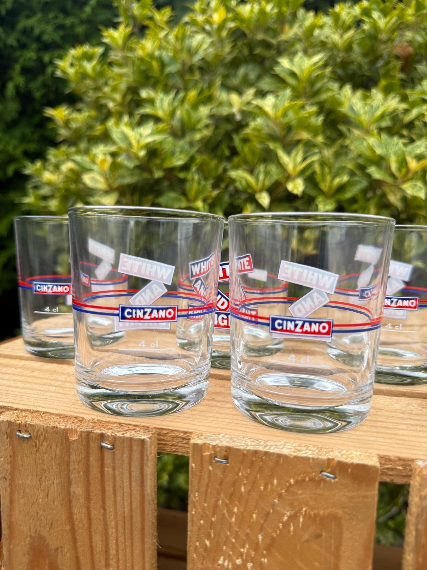 Vintage Cinzano White and Bright Glasses Set of 7, 6 + 1 Free, Italian Advertising Bar Glasses, 1970s Drinkware