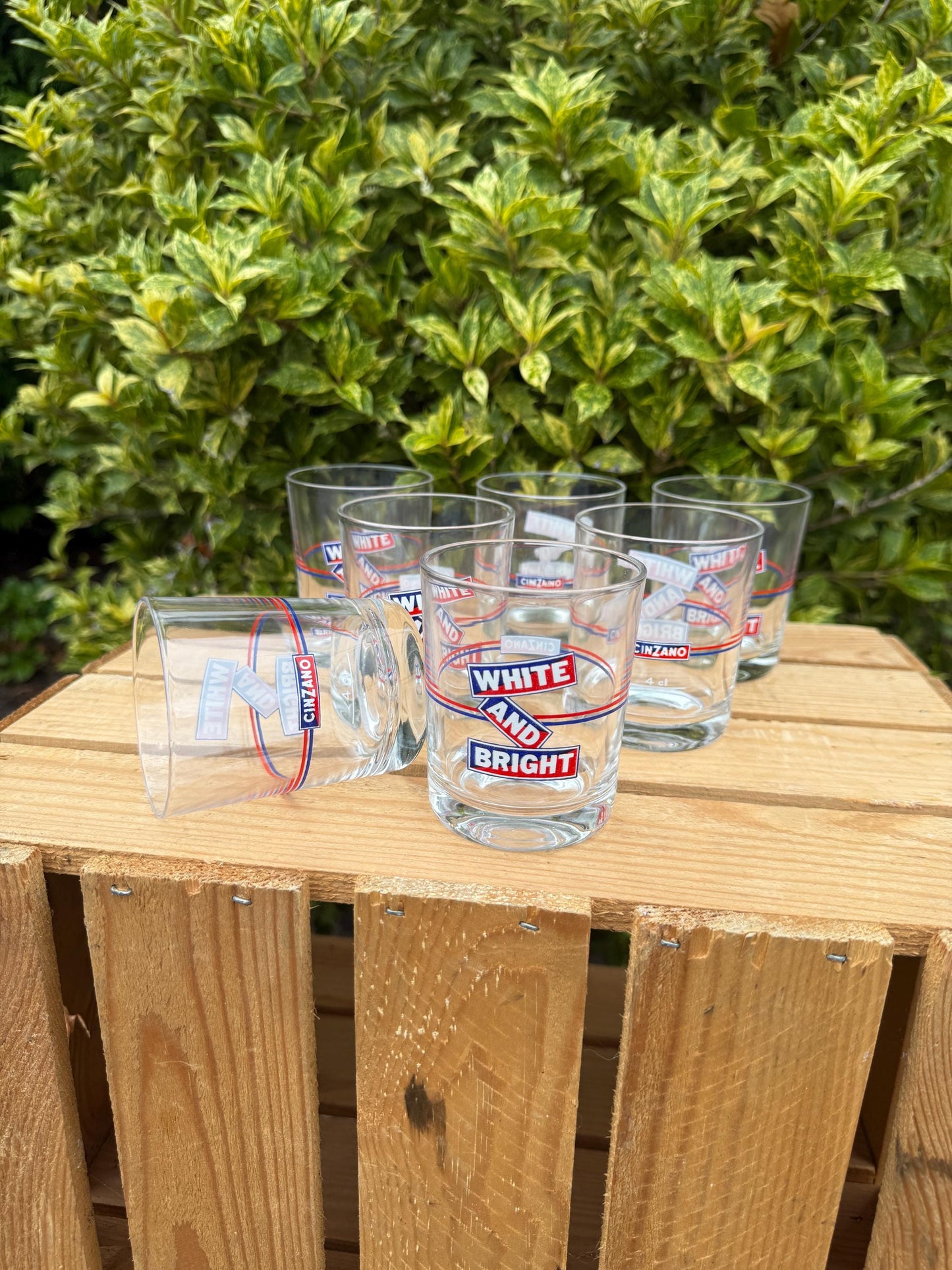 Vintage Cinzano White and Bright Glasses Set of 7, 6 + 1 Free, Italian Advertising Bar Glasses, 1970s Drinkware