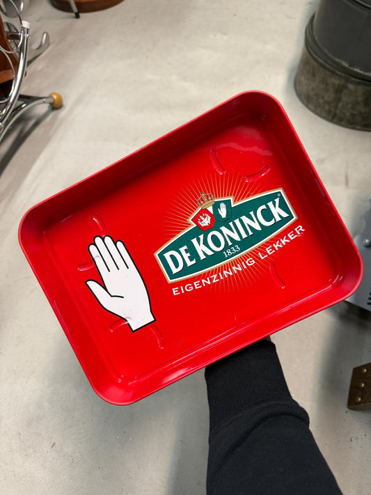 Vintage De Koninck Beer Tray, Red Metal Serving Tray, Belgian Brewery Barware, Collectible Beer Advertising Tray, Pub Decor, Man Cave Gift