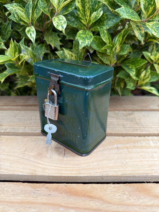 Vintage 1930s “Vrye Universiteit Donation Tin Box, Green Metal Collecte Bank With Lock And Keys, Wall Mount Charity Box, Dutch Collectible