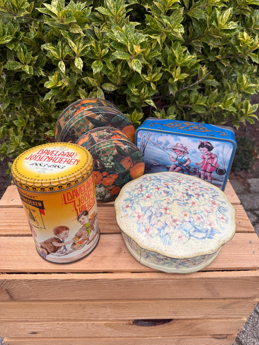 Vintage Metal Storage Tin, Dutch Advertising Cookie Can, Floral Box, Collectible Decorative Canister, Sold Separately