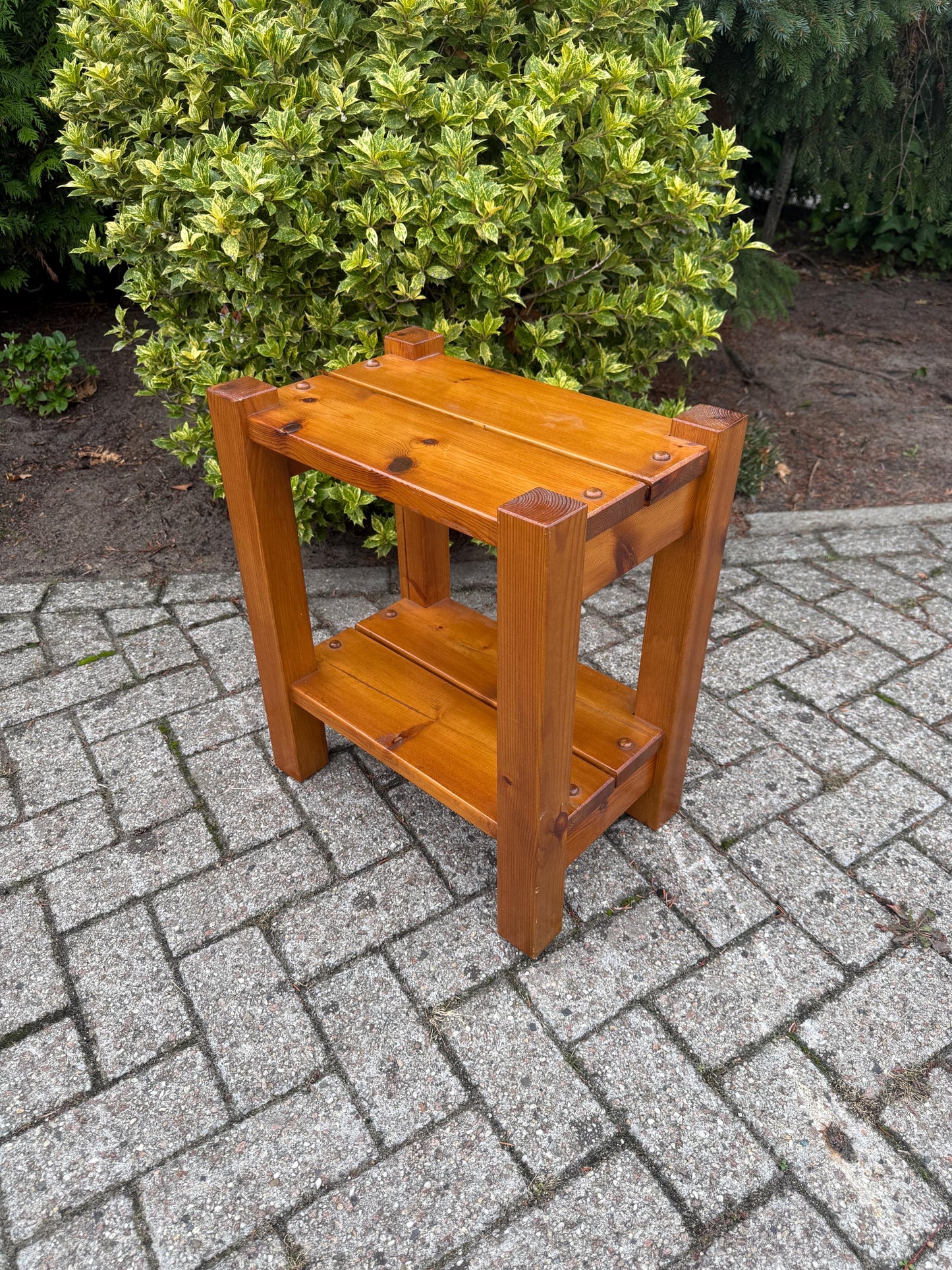 Vintage Solid Pine Two-Tier Side Table, Robust Brutalist Wood Accent Table With Lower Shelf, Rustic Handmade Small End Table