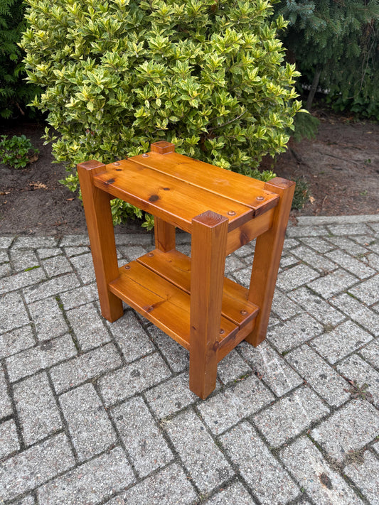 Vintage Solid Pine Two-Tier Side Table, Robust Brutalist Wood Accent Table With Lower Shelf, Rustic Handmade Small End Table
