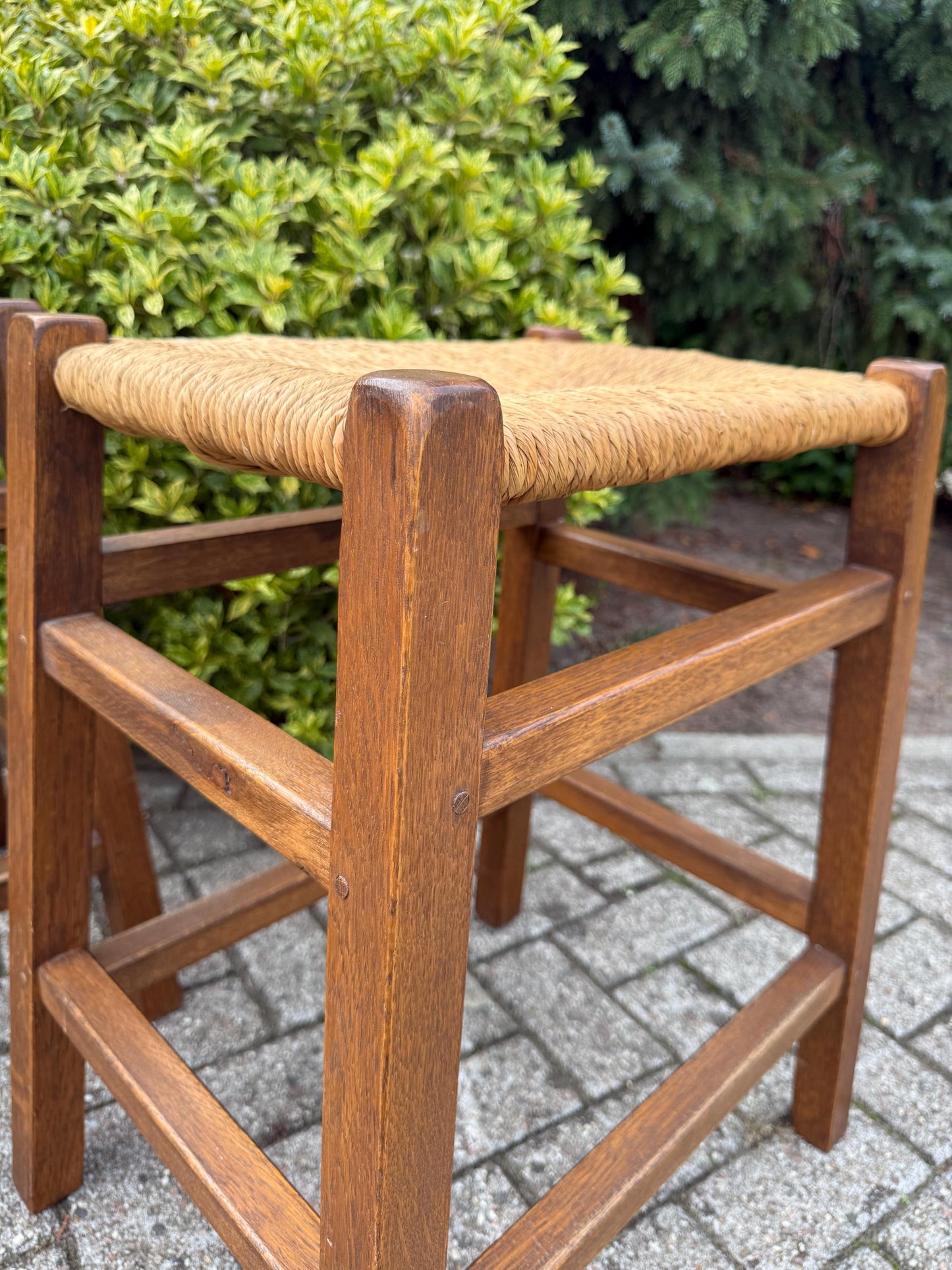 Set Of 2 Vintage Wooden Bar Stools, Farmhouse Style Furniture, Wide Rattan Cane Seats, Rustic Counter Stools, 1970s Wooden Seating