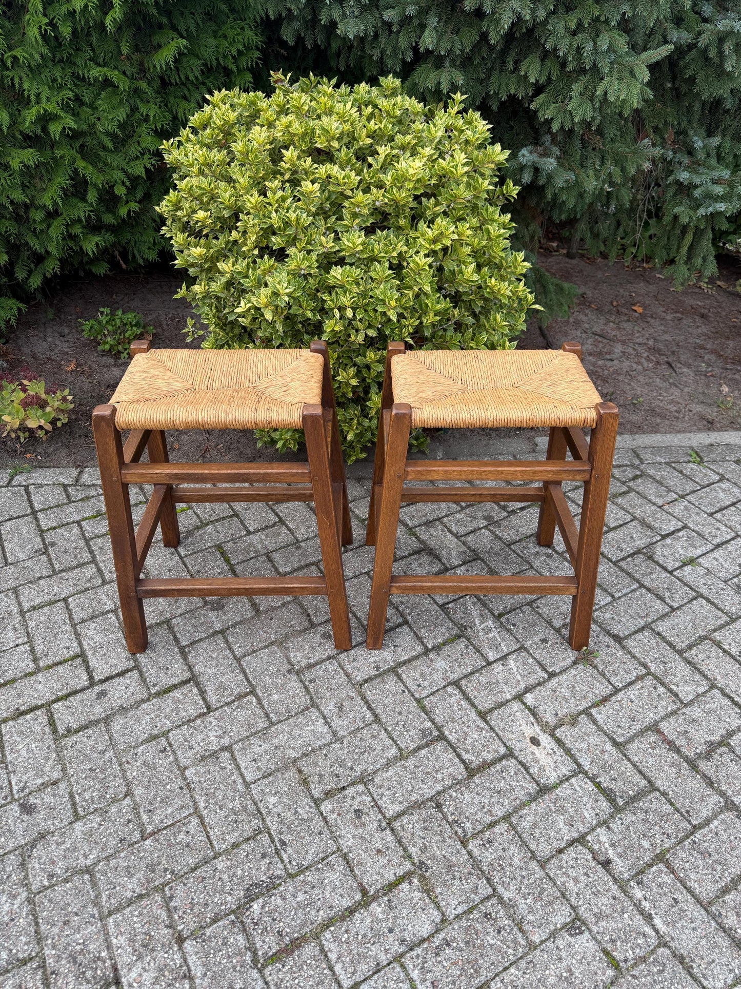 Set Of 2 Vintage Wooden Bar Stools, Farmhouse Style Furniture, Wide Rattan Cane Seats, Rustic Counter Stools, 1970s Wooden Seating