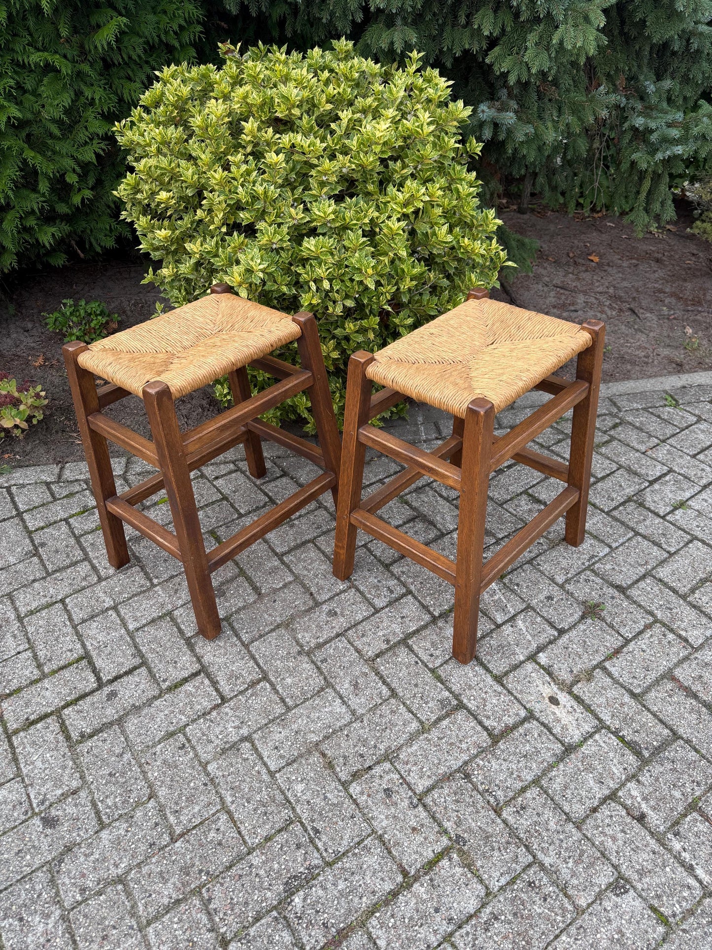 Set Of 2 Vintage Wooden Bar Stools, Farmhouse Style Furniture, Wide Rattan Cane Seats, Rustic Counter Stools, 1970s Wooden Seating
