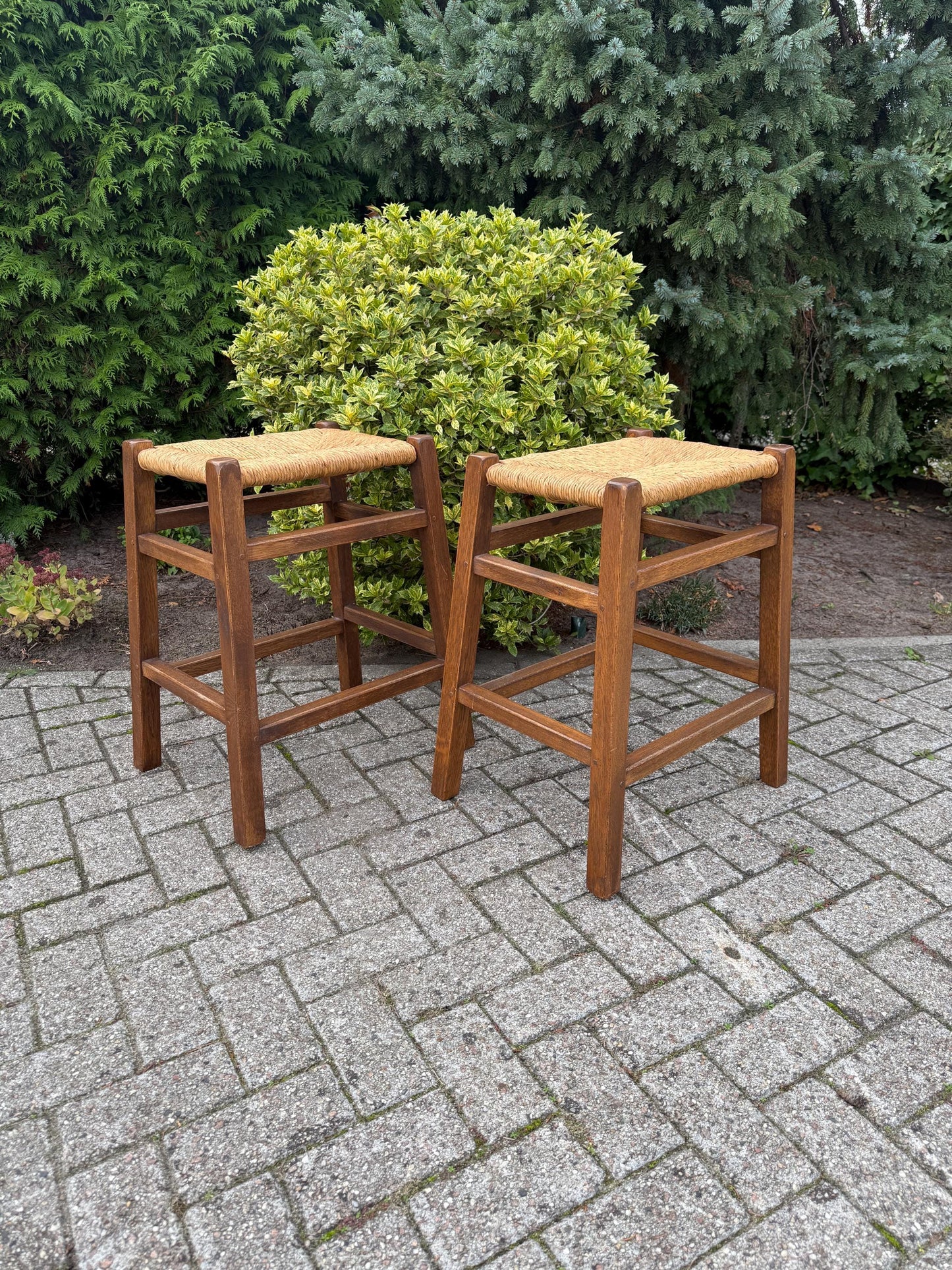 Set Of 2 Vintage Wooden Bar Stools, Farmhouse Style Furniture, Wide Rattan Cane Seats, Rustic Counter Stools, 1970s Wooden Seating