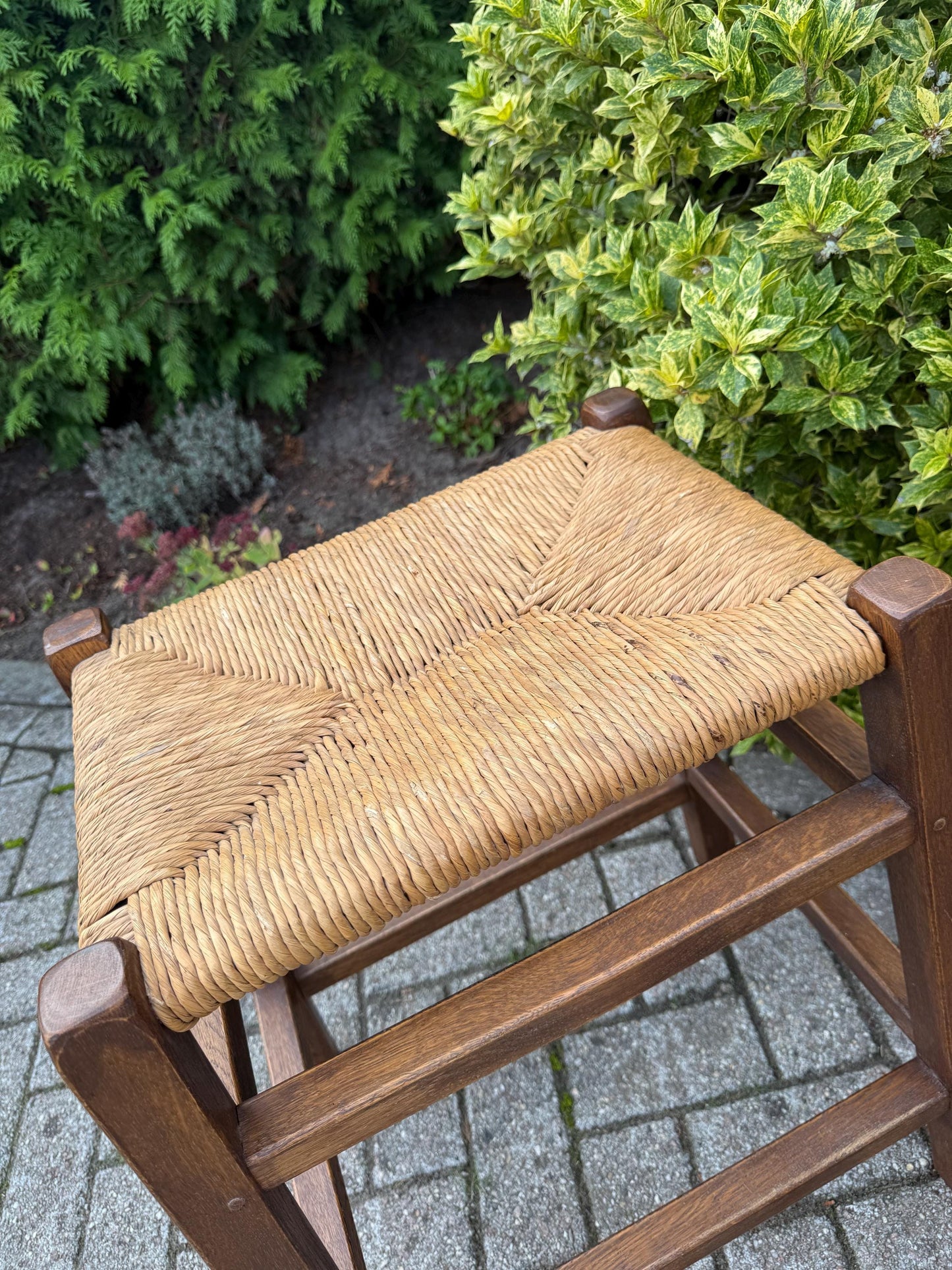 Set Of 2 Vintage Wooden Bar Stools, Farmhouse Style Furniture, Wide Rattan Cane Seats, Rustic Counter Stools, 1970s Wooden Seating