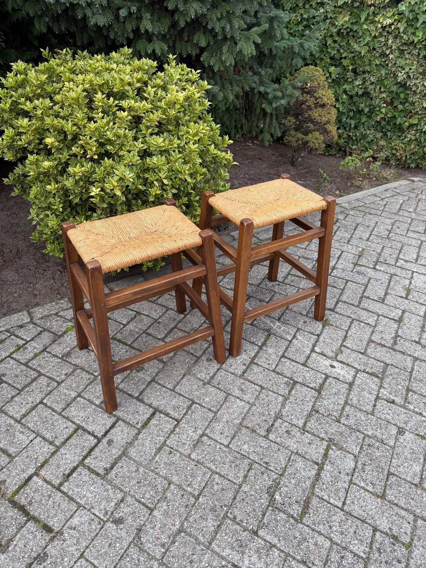 Set Of 2 Vintage Wooden Bar Stools, Farmhouse Style Furniture, Wide Rattan Cane Seats, Rustic Counter Stools, 1970s Wooden Seating